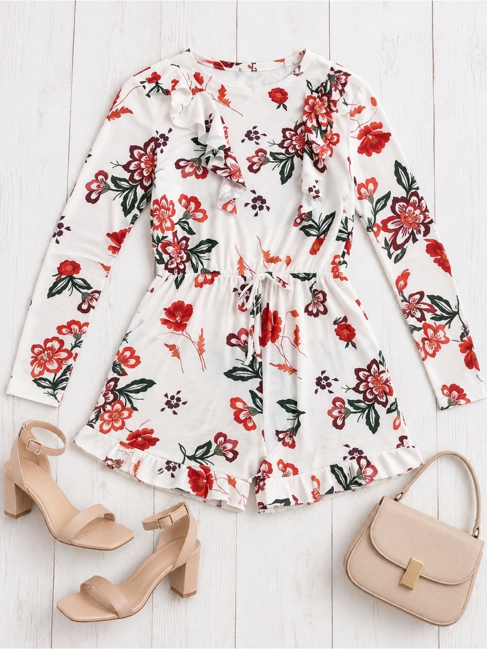 Missi London Romper White Red Floral Ruffle Long Sleeve NWT US 4–10